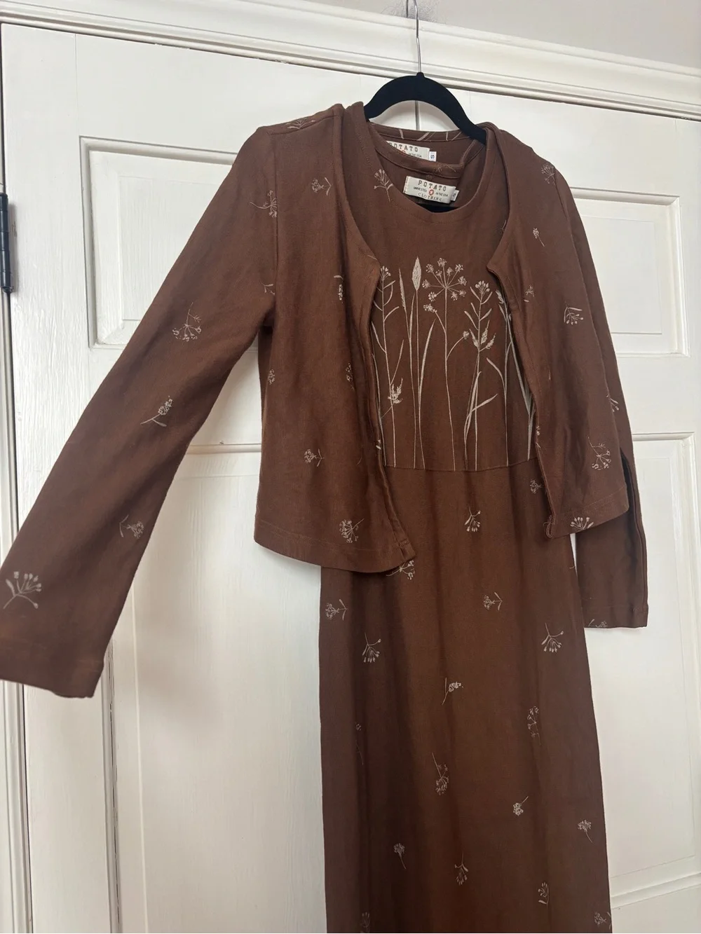 Vintage Potato Clothing Brown Maxi Dress Matchin Cardigan Cottagecore Size Small